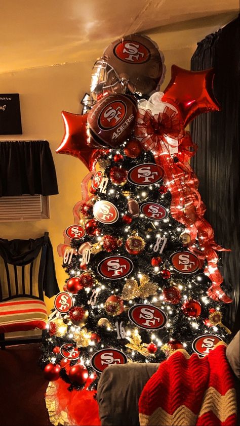 Football Team Christmas Tree, Sports Themed Christmas Tree Ideas, 49er Christmas Tree, 49er Christmas Tree Ideas, Football Theme Christmas Tree, Nfl Christmas Tree Ideas, 49ers Christmas Tree Ideas, Football Christmas Tree Ideas, 49ers Christmas Tree