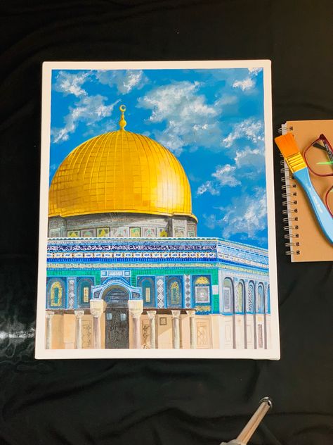 Acrylic painting/dome of the rock on canvas: Detailing took days.. 14’’x18’’canvas Mosque Painting Acrylic, Masjid Al Aqsa Painting On Canvas, Dome Of The Rock Drawing, Al Aqsa Mosque Drawing, Islamic Acrylic Painting, Masjid Al Aqsa Painting, Al Aqsa Mosque Painting, Al Aqsa Painting, Dome Of The Rock Painting