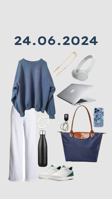 cozy study day outfit for uni #uni #libraryoutfit #blue #student #coastal #blueshirt #bluecollege #college #cozy #grey #greysweatpants blueseatshirt #sweatpantsoutfit #comfy #comfyoutfit #hairpin #goldhairpin #blueandgrey #blueandgold #outfit #fyp #outfitinspo #unistudent #sony #headphones #sonyheadphones #apple #iphone #iphonecase #macbook #longchamp #waterbottle #adidas Cozy Study Outfit, Uni Student Outfit, Study Day Outfit, Study Outfit Comfy, Study Outfit, Cozy Study, Blue College, College Outfits Comfy, Sony Headphones