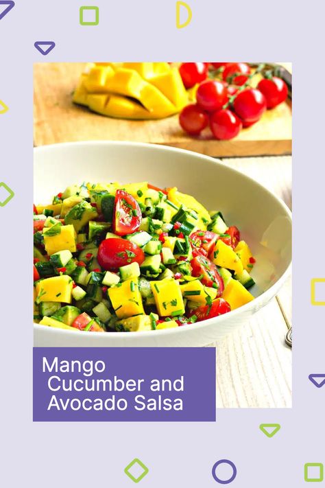 Mango, cucumber, and avocado salsa is a dish that is often served as an appetizer or side dish. The mango provides a sweetness to the salsa, while the cucumber and avocado add a creamy texture and fresh flavor. 1 mango ( peeled and diced ), -1 cucumber ( peeled and diced ) -1 avocado ( diced ) -1 red bell pepper ( seeded and diced ) -¼ cup cilantro ( chopped ) -2 garlic cloves ( minced ) -1 pint cherry tomatoes, halved -1 small red onion, -1 small jalapeño, more... 30 Min Meals, Healthy Weeknight Dinners, Health Dinner, Avocado Salsa, Light Lunch, Lean Protein, Evening Meals, Easy Weeknight Dinners, Healthy Dishes