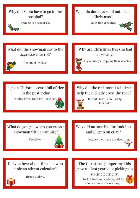 This is a digital download  Replacement jokes for reusable Christmas crackers.  3 A4 pages totalling 30 jokes! 1 A4 page is a Christmas bucket list keep sake. You can add the date is was completed on and who was involved.  These are saved as PDFs. You will need Adobe to view these. They can also be viewed on Google Chrome. Christmas Cracker Jokes, Cracker Jokes, Christmas Jello Shots, Christmas Bucket List, Christmas Bucket, Christmas Cracker, Christmas Jokes, Cute Jokes, Paper Hat