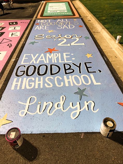 Senior parking spot Best Friend Matching Senior Parking Spots, Funny Parking Spots, Painted Parking Spots Senior Girls, Senior Spots, Unique Senior Parking Spot Ideas, Parking Spot Ideas, Graduation Aesthetic, Parking Lot Painting, Senior Year Things