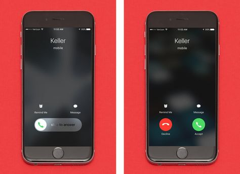 The two different ways you can pick up a call You may have noticed your screen looks two different ways when you're receiving an incoming call. This isn't random; when your phone is unlocked, you can tap the green "accept" or red "decline" button, but if your phone is locked, the geniuses at Apple make you slide right to answer -- that way, you don't accidentally pick up when your phone's in your pocket. Slide To Answer, Open App, Conceptual Photography, Iphone Design, Iphone App Design, Apple Picking, Little Designs, Ui Ux Design, Iphone Apps