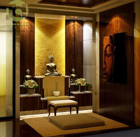 Tranquility in style. Lightbeingmessages.com Buddha Living Room, Meditation Room Design, Temple Room, Buddhist Decor, Altar Design, Mandir Design, Buddha Decor, Temple Design For Home, Meditation Rooms