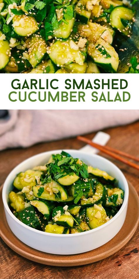 Savory and garlicky smashed cucumber salad is refreshing and pairs perfectly with every meal. Chinese Garlic Cucumber Salad, Cucumber Garlic Salad, Smashed Cucumber Salad Asian, Garlic Cucumber Salad, Smashed Cucumber, Smashed Cucumber Salad, Chinese Garlic, Tiffy Cooks, Healthy Asian Recipes