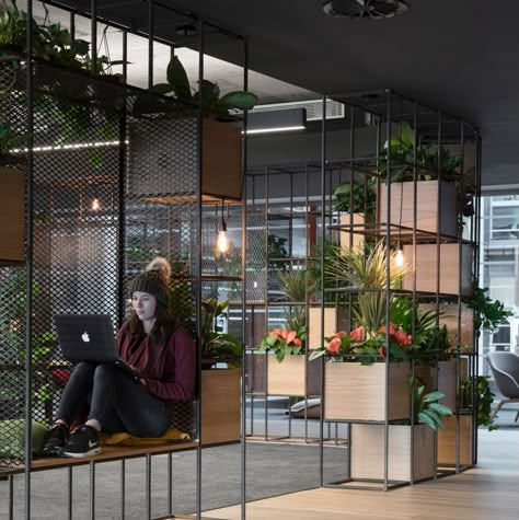 Modern Office With Plants, Airbnb Office Design, Coworking Office Design, Modern Office Design Inspiration, Industrial Office Design, Cool Office Space, Office Design Inspiration, Office Patio, Office Interior Design Modern