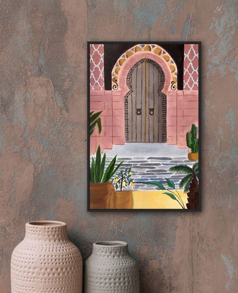 Quality print of this beautiful Moroccan Door somewhere in Morocco. I love the stunning traditional Moroccan decorative doors. They are a great feature to the entry of many homes, mosques, palaces and riads in Morocco. All handmade and painted featuring arches and wrought iron knobs. Specs: * Paper made from 100% genuine de-inked post consumer waste * 300 grams paper * Crisp white border for framing * Shipping Worldwide from the UK * Made in London with Love :) Moroccan Art Painting, Moroccan Painting, Door Illustration, Art Gouache Painting, Moroccan Wall Art, Decorative Doors, Morocco Art, Art Marocain, Moroccan Door