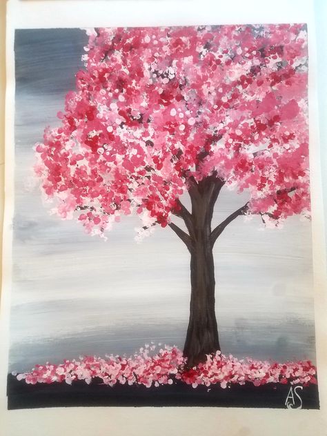 Painting Ideas Blossom Tree, Painting Cherry Blossoms Easy, Cherry Blossom Flower Painting, Blossom Trees Painting, Spring Drawing Ideas Easy, Simple Spring Drawings, Spring Drawings Ideas Art Easy, How To Draw A Cherry Blossom Tree, Cherry Blossom Tree Painting Easy