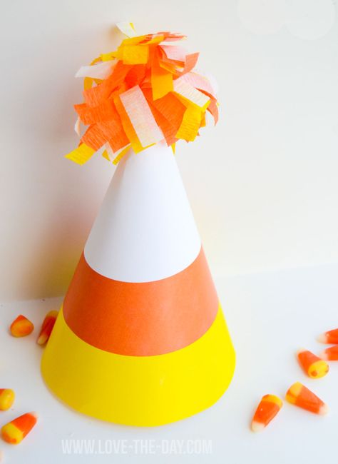 Kids Halloween Party Ideas:: Candy Corn Party Hats by Love The Day Corn Tea, Candy Corn Party, Kids Halloween Party Ideas, Corn Party, Candy Corn Hat, Candy Corn Costume, Party Ideas Halloween, Corn Decor, Camp Games