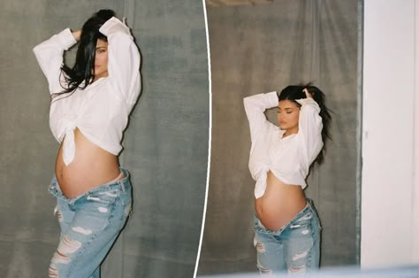 Kylie Maternity Shoot, Maternity Photography Jeans And Shirt, Maternity Shoot In Jeans, Jeans Pregnancy Photoshoot, Pregnant Women Pictures, Maternity Shoot Jeans, Denim Maternity Shoot Pregnancy Photos, Jeans Maternity Shoot, Unbuttoned Jeans