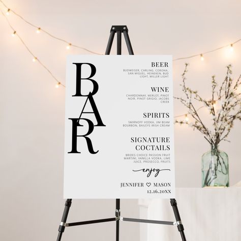 Modern Wedding Bar, Black And White Modern Wedding, White Modern Wedding, Wedding Themes Outdoor, Minimalist Modern Wedding, Wedding Bar Menu Sign, Bar Menu Sign, Art Gallery Wedding, Bar Menu Wedding