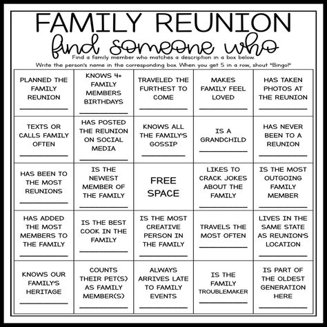 This activity is perfect for a family reunion to encourage family members to mingle. This game is tailored towards family reuniting at a reunion or family event. This is a DIGITAL download. You will need to print the cards. See video and photo previews for examples. You'll download: * A printable PDF file of a family reunion find someone who bingo card.  * Note: Bingo cards will be printed on 8 1/2 X 11 sheets (one per sheet and two per sheet options included) For any questions, please feel free to send me a message! Check out my store for other fun Bingo games! Family Reunion Game, Family Reunion Find the Guest Bingo, Family Party Game, Printable Bingo Game, Fun Family Reunion Game Family Reunion Bingo, Find Someone Who Bingo, Family Bingo, Find The Guest Bingo, Guest Bingo, Printable Bingo Games, Find The Guest, Reunion Games, Family Reunion Games