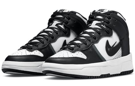 Introducing the Nike Dunk High Up Black! This fresh take on the classic Nike Dunk High is perfect for fashion-savvy sneakerheads. The upper is made of white leather with black overlays at the forefoot and heel, while the mini-Swoosh adds a touch of iconic Nike style. The high-top design is perfect for making a statement, and the raised foam midsole provides comfort and support all day long. The cored-out outsole with rubber perimeter gives you durability and traction when you need it most. Nike Dunk Panda, Dunk Panda, Jordan Purple, Nike X Travis Scott, Nike Looks, Low Air Jordan 1, Jordan 8, Jordan 7, Dunks Nike