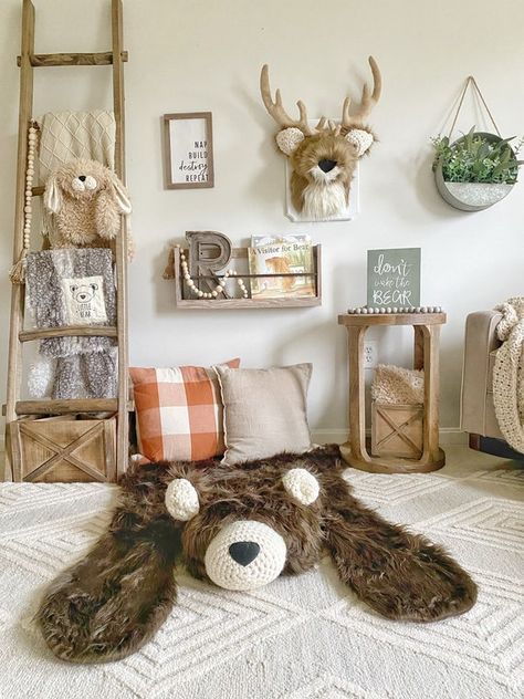 Crochet Ears, Woodland Creatures Nursery, Nursery Ideas Boy, Cream Colored Rug, Boy Nursery Themes, Bear Blanket, Woodland Nursery Theme, Bear Rug, Baby Boy Room Nursery