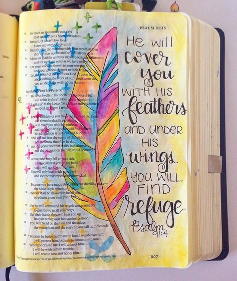 Owl Nest, Feathers Watercolor, Kunstjournal Inspiration, Bible Journaling For Beginners, Psalm 91 4, Bible Drawing, Bible Journaling Ideas Drawings, Bible Journal Notes, Bible Doodling