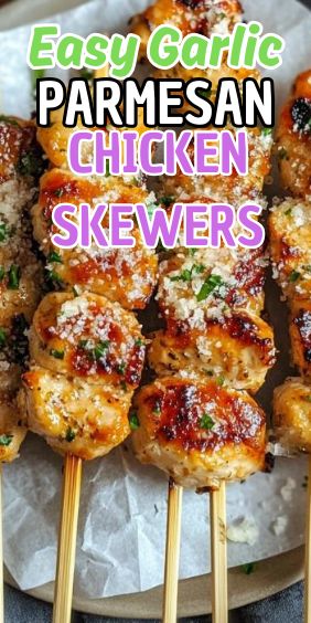 Easy Garlic Parmesan Chicken Skewers Garlic Parmesan Skewers, Easy Garlic Parmesan Chicken, Garlic Parmesan Chicken Skewers, Parmesan Chicken Skewers, Chicken Skewer Recipe, Grilled Chicken Skewers, Chicken With Italian Seasoning, Comfort Casseroles, Easy Mediterranean Diet Recipes