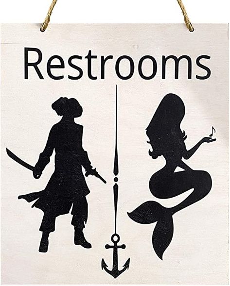 Pirate And Mermaid Bathroom, Pirates And Mermaids, Cnc Signs, Pirate Bathroom, Mermaid Pirate, Pirate Signs, Mermaid Humor, Wc Sign, Mermaid Bathroom Decor