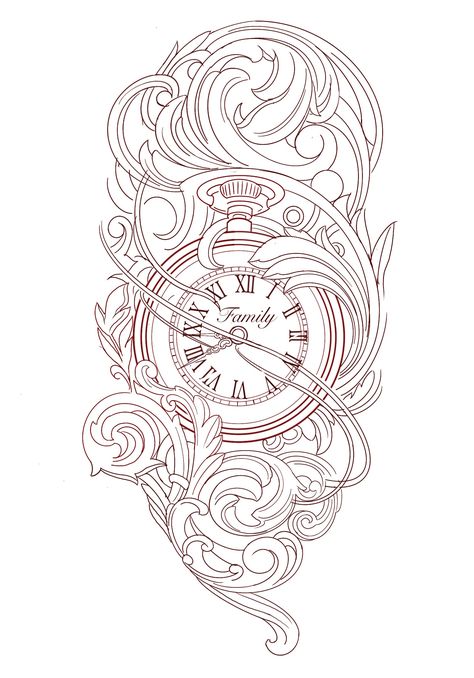 Filigree Clock Tattoo Design, Filagree Tattoo Stencil, Clock With Filigree Tattoo Design, Compass Clock Tattoo Design, Compass Tattoo Stencil, Clock Tattoo Stencil, Filigree Outline, Tattoo Clock, Calf Tattoo Ideas