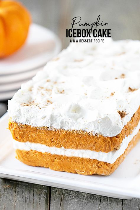 Pumpkin Icebox Cake, Dessert Substitutes, Ice Box Cake, Weight Watchers Pumpkin, Spiced Walnuts, Pumpkin Spice Creamer, Dessert Alternatives, No Bake Pumpkin Pie, Seasonal Desserts