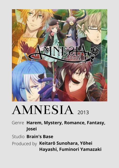 Anime Checklist, Amnesia Memories, Diabolik Lovers Wallpaper, Poster Information, Anime Minimalist Poster, Amnesia Anime, Comedy Anime, Animes To Watch, Poster Anime