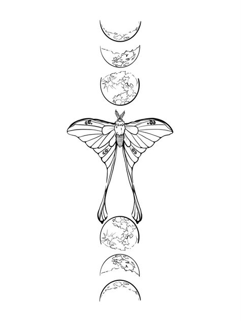 Moth And Moon Phases Tattoo, Moon Phases Tattoos, Luna Moth Moon Phase Tattoo, Crystal Tattoo Design, Moth With Moon Phases Tattoo, Geometric Luna Moth Tattoo, Moth With Crystals Tattoo, Lunar Moth Tattoo, Moon Phases Tattoo