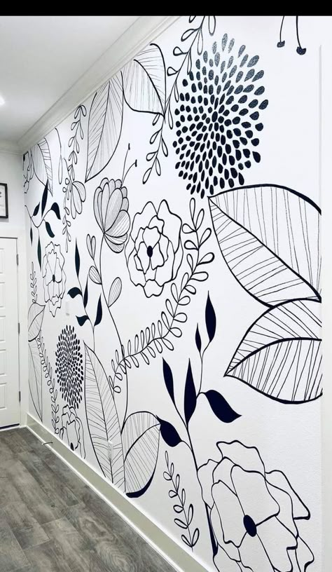 Painted Bedroom Mural Ideas, Paint Pen Wall Art, Unique Bathroom Walls, Hand Painted Accent Wall Diy Bedroom, Black And White Flower Mural, Zentangle Wall Art, Floral Wall Mural Painting Diy, Mural Wall Art Black, Diy Wall Mural Ideas Easy