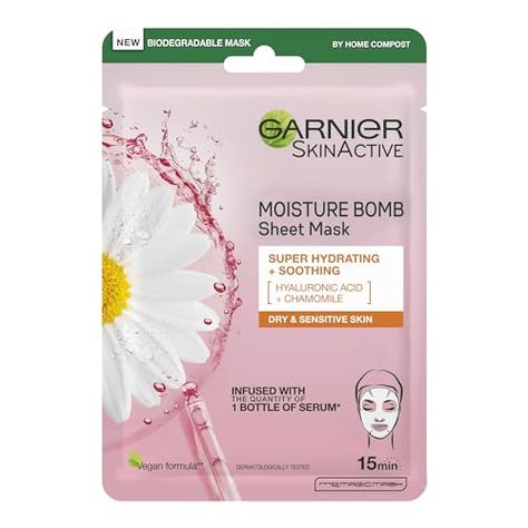 Garnier Moisture Bomb Chamomile And Hyaluronic Acid Sheet Mask, Hydrating & Soothing Face Mask, For Sensitive Skin, Biodegradable And Vegan Tissue, 28 G Garnier Sheet Mask, Garnier Face Mask, Soothing Face Mask, Garnier Skin Care, Face Sponge, Skin Care Masks, Garnier Skin Active, Face Sheet Mask, Dry Sensitive Skin