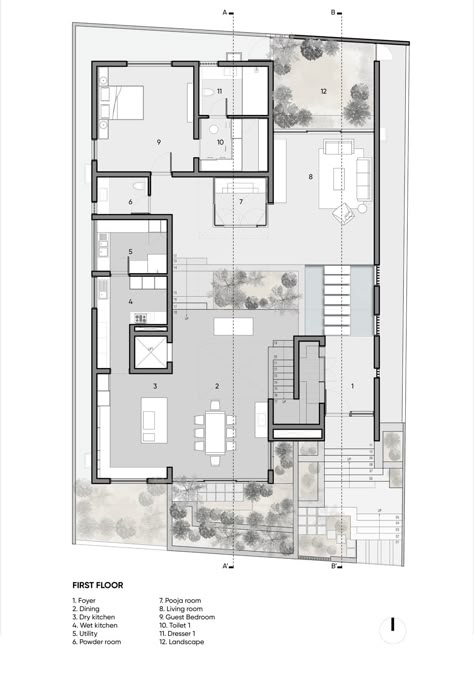 Janani House by Collage Architecture Studio Big House Plans Modern, Revit Template, House Courtyard, House Elevations, Collage Architecture, 2d Floor Plan, Duplex Floor Plans, Small Bungalow, First Floor Plan