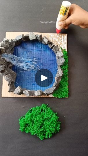 Diy Environmental Projects, 3d Waterfall Project, Waterfall Model Project, Fake Water For Projects, How To Make Fake Water For Project, Nature Collage Art, Landform Projects, Fountain Diy, Waterfall Project