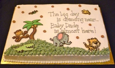 Safari Party Foods, Jungle Baby Shower Cake, Animal Baby Shower Cake, Baby Shower Sheet Cakes, Safari Baby Shower Cake, Jungle Theme Cakes, Baby Shower Safari Theme, Jungle Cake, Jungle Safari Party