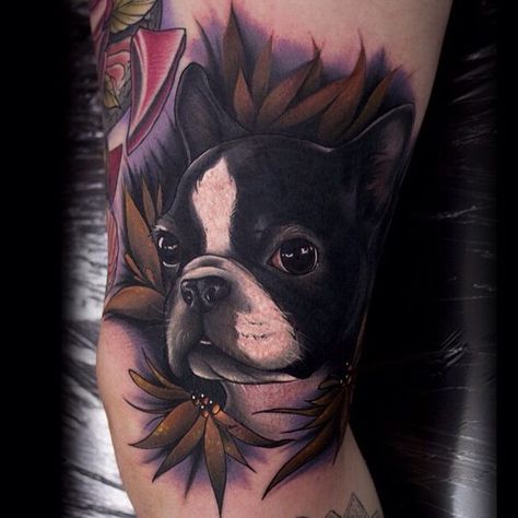 The 10 Coolest Boston Terrier Tattoo Designs In The World Boston Terrier Tattoo, Terrier Tattoo, French Bulldog Tattoo, Boston Terrier Art, Pitbull Tattoo, Tattoo Tiny, Bulldog Tattoo, Dog Memorial Tattoos, Boston Terrier Lover