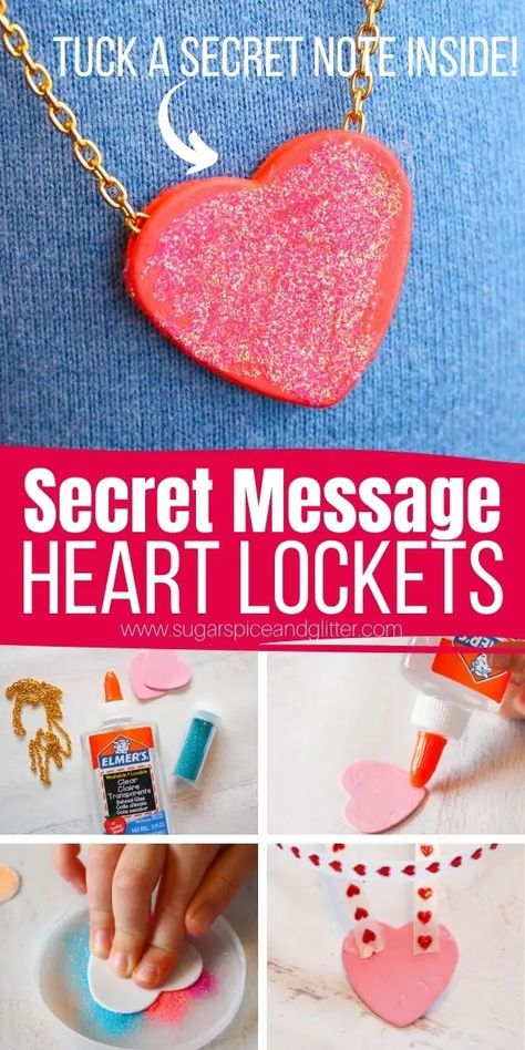 How to make a simple heart locket necklace using everyday craft supplies - and as a special bonus, you can tuck secret messages into your lockets! A fun valentine's day craft for kids or homemade mother's day gift Valentines Necklace Craft, Mothers Day Necklace Craft For Kids, Mommy Daughter Crafts Diy, Crafts For Mom And Daughter, Super Easy Crafts For Kids, Mother Daughter Crafts, Best Friend Crafts, Easy Valentine Crafts, Friend Crafts