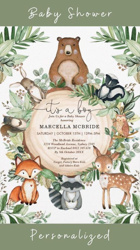 Cute Woodland Animals Rustic Greenery Baby Shower Invitation Forest Friends Birthday Party, Forest Animals Birthday Party, Animals Birthday Party Ideas, Bos Baby, Virtual Baby Shower Invitation, Baby Boy Shower Invitations, Baby Birthday Ideas, Wild One Party, Animals Birthday Party