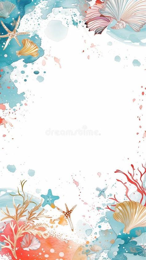 Abstract starfish and shell frame with copy space and dynamic sea elements in vibrant colors stock photo Ocean Border Design, Shell Background, Under The Sea Background, Sea Elements, Arte Wallpaper, Textiles Sketchbook, Diy Birthday Invitations, Ocean Birthday, Coral Background