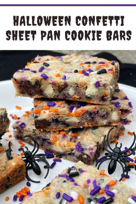 Stack of Halloween confetti cookie bars. Sheet Pan Cookie Bars, Halloween Desserts Cookies, Halloween Dessert Bars, Halloween Chocolate Chip Cookies, Easy Halloween Cookies, Halloween Confetti, Confetti Cookies, Holiday Cookie Exchange, Fun Halloween Food