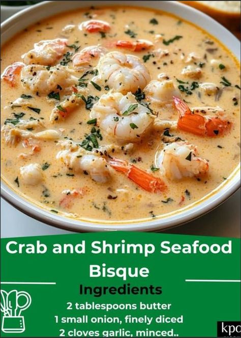 Soup Lovers (Recipes & Tips) | Crab and Shrimp Seafood Bisque | Facebook Creamy Crab And Shrimp Seafood Bisque, Seafood Bisque Soup Recipes, She Crab Soup Recipe, Carnivore Soup, Shrimp Bisque Soup, Crab And Shrimp Bisque, Shrimp And Crab Bisque, Crab And Shrimp Seafood Bisque, Crab Bisque Recipe