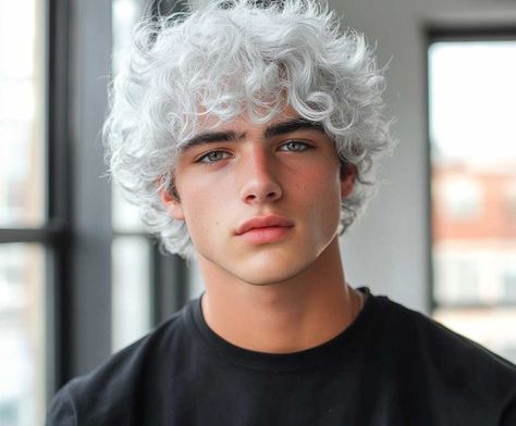 Subtle Silver Curly Hair Mullet for a Modern Flair • 333+ Inspiring Lifestyle Ideas Silver Curly Hair Men, Grey Hair Mullet, Curly Blonde Mullet, Guy Mullet Curly, White Coily Hair, Curly Mullet, Black Curly, Black Curly Hair, Hair Color Pastel