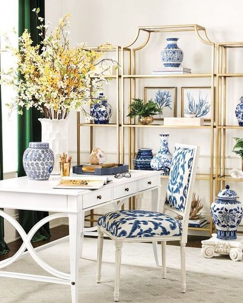 Ballard Designs A beautiful and bright home office in blue and white - I love the emerald green curtains as well. That green goes so well with blue and white. Chic Office Desks, Asian Room, Decoration Hall, Cheap Office Furniture, Office Light, Blue White Decor, White Office, Bright Homes, Chinoiserie Chic