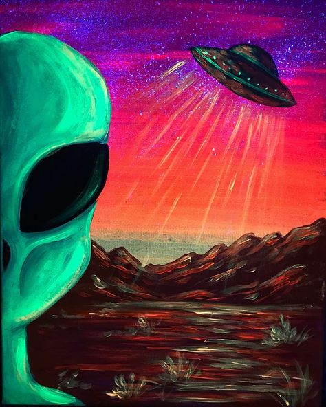 You'll feel like you're raiding Area 51 with this interstellar black light Alien painting!

Costumes encouraged! Dress the part to celebrate the occasion! Prizes. 

Paint across two canvases for a date night! Aliens Painting, Alien Ship Painting, Alien Watercolor, Cool Alien Drawings, Alien Art Painting, Alien Canvas Painting, Spaceship Painting, Space Canvas Painting, Ufo Painting