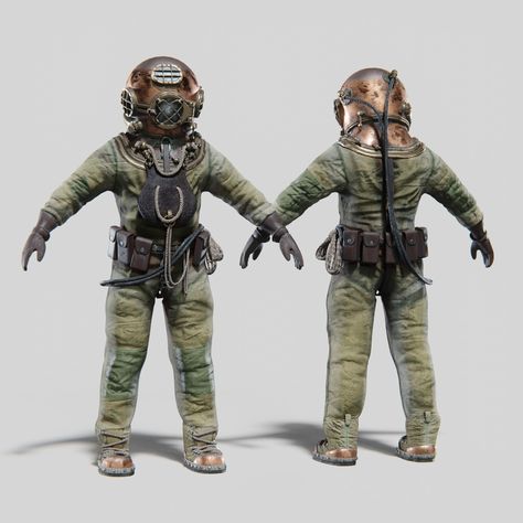 ArtStation - Copper Bronze Diving Suit Old Diving Suit Drawing, Old Diving Suit, Underwater Character, Deep Sea Diving Suit, Deep Sea Diver Art, Playing Ideas, Blender Character, Diver Art, Suit Drawing