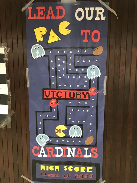 Pac Man Homecoming Float, Freshman Homecoming Float Ideas, Video Game Homecoming Theme, Hoco Door Decorating, Homecoming Door Ideas Football, School Spirit Door Decorations, Sport Bulletin Board Ideas For School, Homecoming Door Decorations High School, Board Game Homecoming Theme