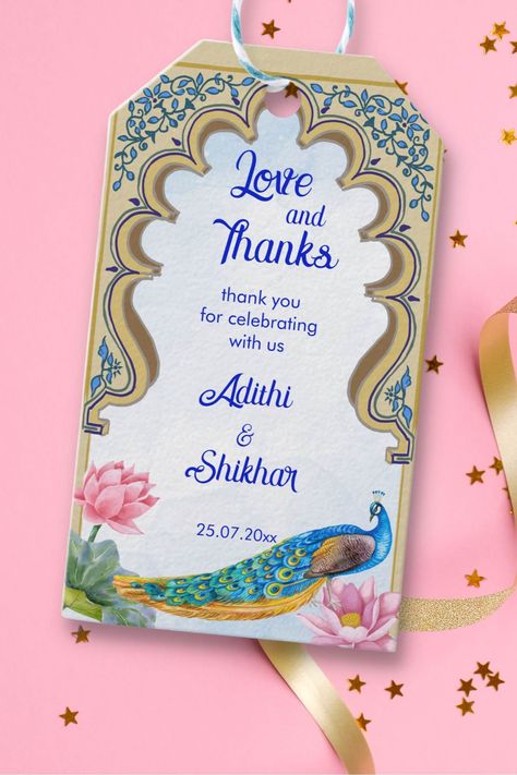 Indian wedding favor gift tags Rajasthan window blue peacock lotus personalized wedding favor tags Rajasthan Palace, Personalized Wedding Favor Tags, Wedding Peacock, Ganesh Puja, Theatre Curtains, Wedding Favor Gift Tags, Indian Wedding Favors, Blue Peacock, Pink Lotus