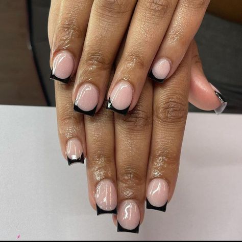 Black French Tip Overlay, Extra Short Black French Tip Nails, Short Square Acrylic Nails Black Tips, Black Shirt French Tip Nails, Black Shirt French Tip, Small Black French Tip Nails, Black Nail Tips French Manicures, Short Acrylic Nails Black French Tip, Short Black Tips