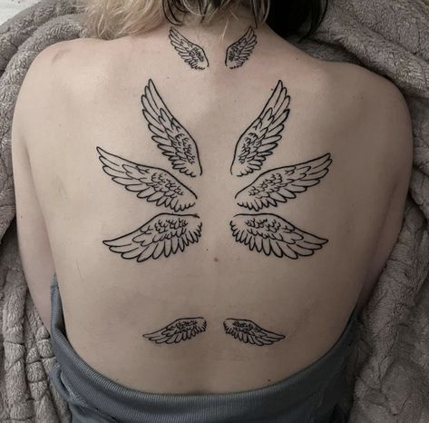 #tattoo #tattooideas #angelcore #angeltattoo #aesthetic #aesthetictattoo #starflesh #backtattoo #angelwingtattoo #seraphim #seraphimtattoo #angelwings #angelic #biblicalangel Sephiroth Wing Tattoo, Angelic Back Tattoo, Angel Seraphim Tattoo, Angel Core Tattoos, Shoulder Angel Tattoo, Sternum Angel Tattoo, Seraphim Wings Tattoo, Closed Wings Tattoo, Throne Angel Tattoo