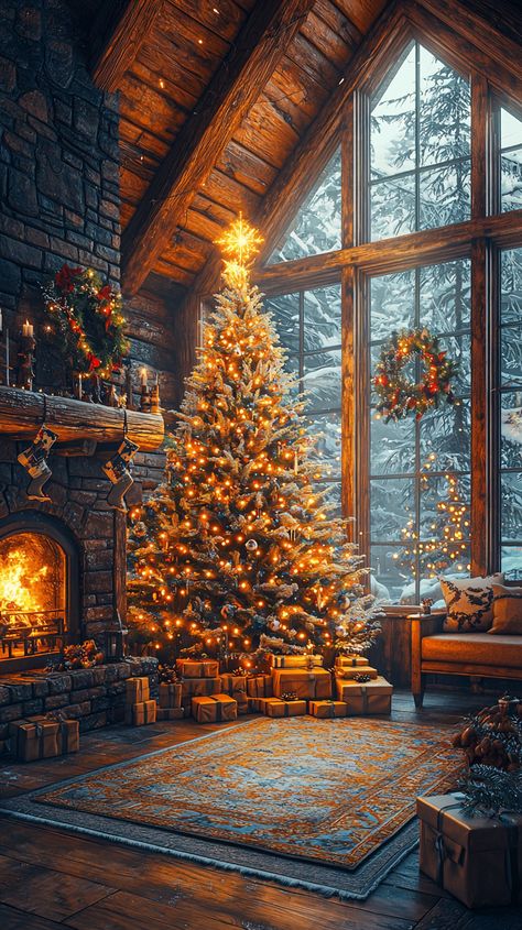 🎄✨ Embrace the coziness of Christmas with this enchanting cabin scene! The twinkling lights on the tree, a crackling fireplace, and snow-kissed windows create the perfect winter wonderland. Warm browns and glowing golds offer a touch of rustic elegance. 🏡🎁 #Christmas #cozy #cabin #holiday #decor #warmth #snow #rustic #elegance #winterwonderland #festive #inspiration 🎅🔥 Cozy Fireplace Christmas, Warm Christmas Tree Decorations, Winter Snow Cabin, Old Fashioned Christmas Pictures, Christmas Warm Aesthetic, Christmas Cabin Aesthetic, Light Academia Christmas, Christmas Snow Scenes, Cozy Christmas Lights