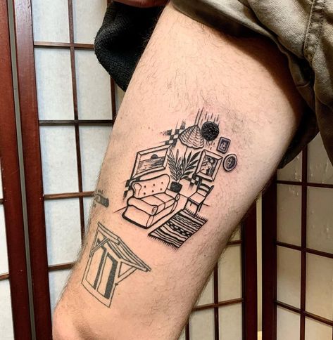 Living Room Tattoo, Waiting Room Tattoo, Sofa Tattoo, Room Tattoos, Couch Tattoo, Scene Tattoos, Leg Tattoo Sleeve, Furniture Tattoo, Room Tattoo