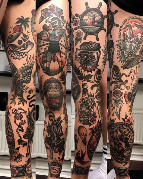 1 leg tattoo Check more at https://howcandothis.com/manstyle/1-leg-tattoo/ Hips Tattoo, Traditional Tattoo Leg Sleeve, Traditional Tattoo Man, Tato Tradisional, Sanskrit Tattoo, Traditional Style Tattoo, Sailor Jerry Tattoos, Traditional Sleeve, Kunst Tattoos