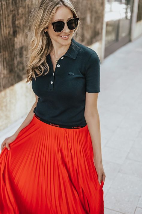 Polo With Skirt, Lacoste Polo Shirt Women Outfit, Polo Outfits For Women, Summer Pleated Skirt, Green Pleated Skirt, Polo Shirt Outfits, Polo Outfit, Lacoste Polo Shirts, Blue Polo Shirt