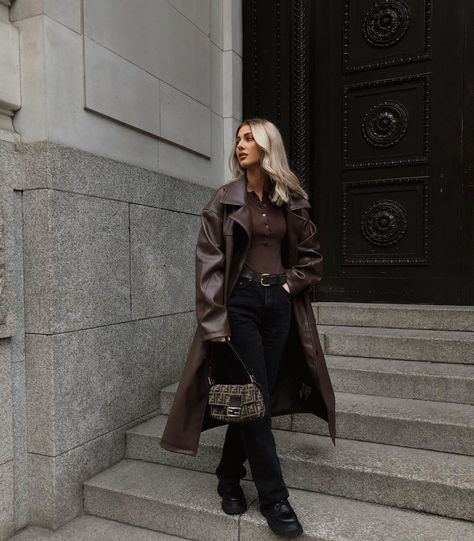 Chocolate Brown Leather Jacket Outfit, Chocolate Leather Jacket Outfit, Chocolate Trench Coat Outfit, Chocolate Brown Jacket Outfit, Chocolate Brown Trench Coat Outfit, Chocolate Brown Clothes, Dark Brown Trench Coat Outfit, Brown Leather Trench Coat Outfit, Chocolate Brown Outfit