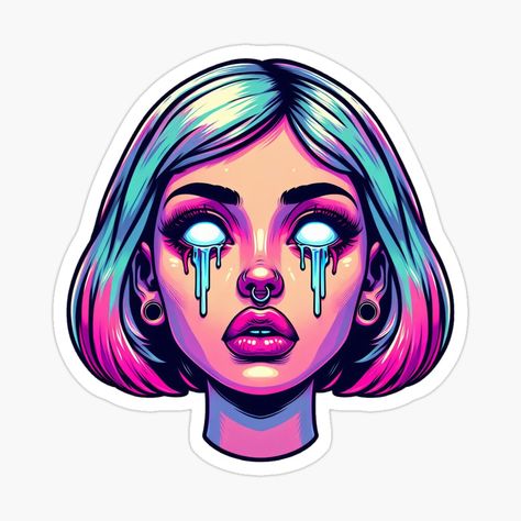 Get my art printed on awesome products. Support me at Redbubble #RBandME: https://www.redbubble.com/i/sticker/Psychedelic-Crying-Girl-Face-With-a-Piercing-by-TheRumblingNerd/160045377.EJUG5?asc=u Tattooed Cartoon Characters, Trippy Face Drawing, Sticker Dino, Female Face Drawing, Graffiti Style Art, Graffiti Font, Unique Drawings, Dark Tattoo, Black Ink Tattoos